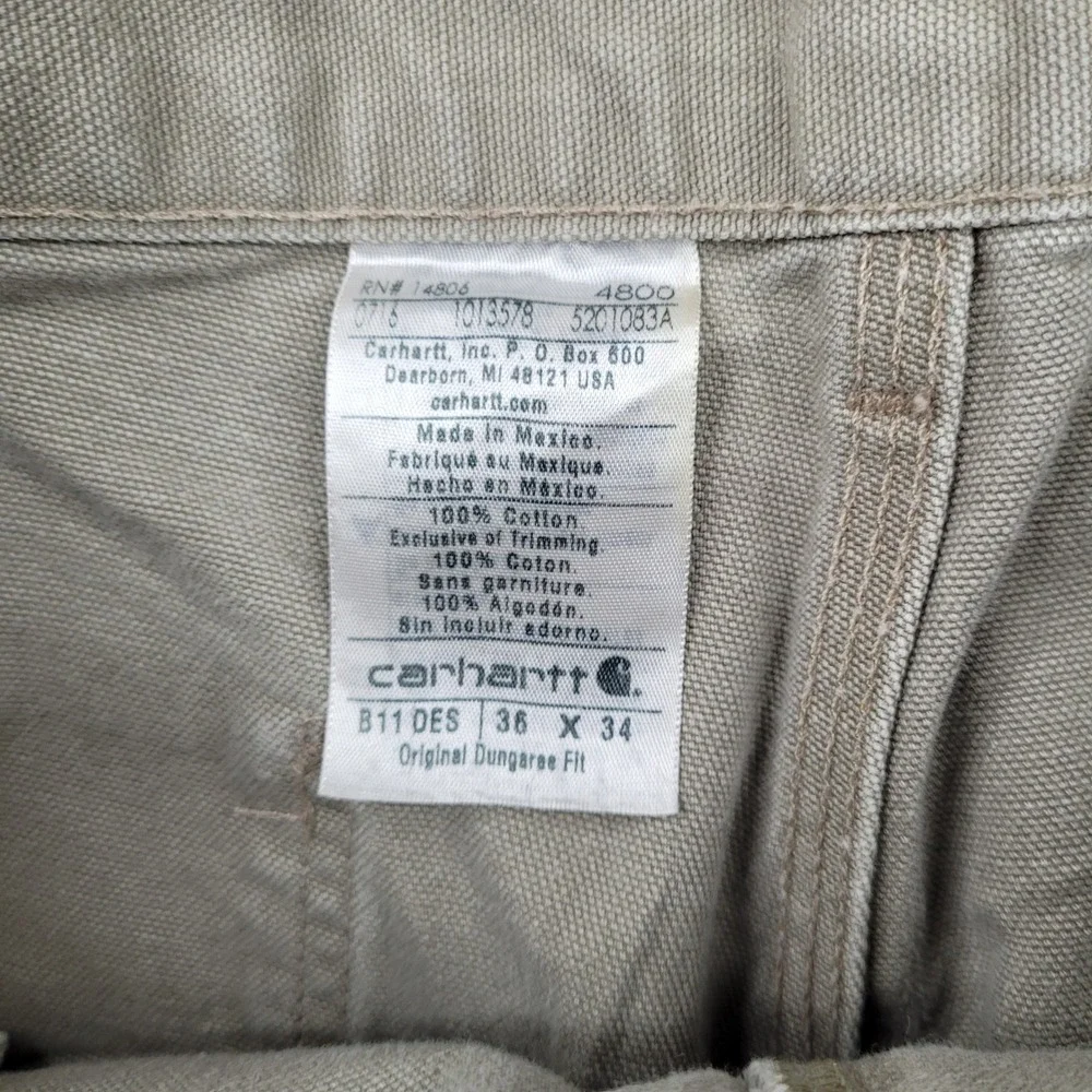 Carhartt B11 DES Dungaree Fit‎ Pants Mens 36x34 Tan Cotton Canvas Workwear